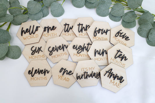 Baby Monthly Milestone Markers | Wooden Hexagon | Boho | Baby Photos | Gift | Milestone Disks | Hello World | Baby Shower | Milestone Cards