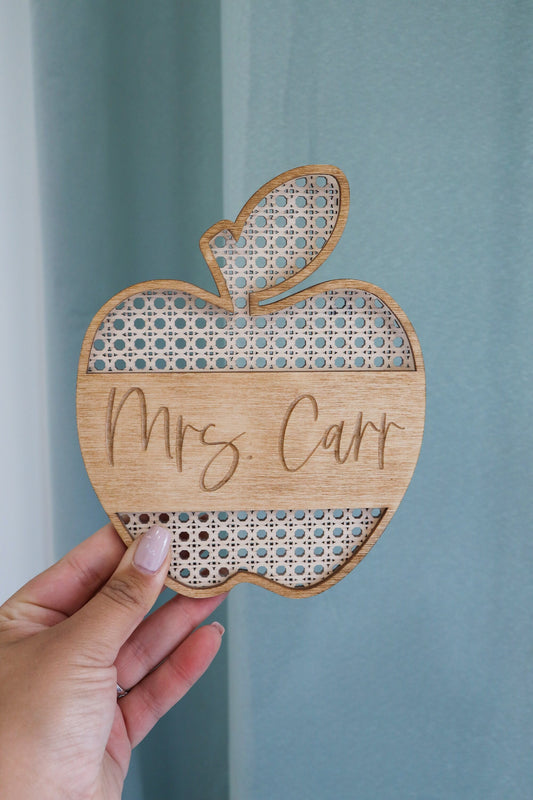 Personalized Teacher Rattan Apple Desk Plaque | Personalized Teacher Door Hanger | Boho Teacher Decor | New Teacher Gift | Wooden Teacher